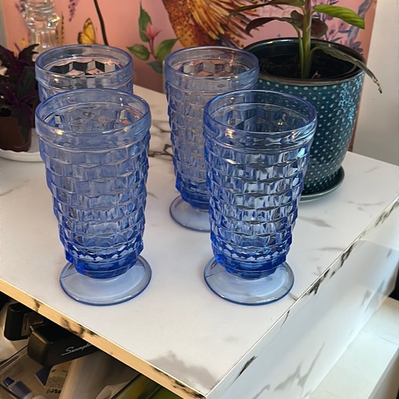 Indiana Glass Other - Set of 4 Indiana Glass Blue Cubist Whitehall Footed Drinking Glasses